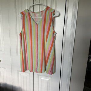 Lands' End Womens Medium V Neck Striped Sleeveless Top Pom Pom Trim